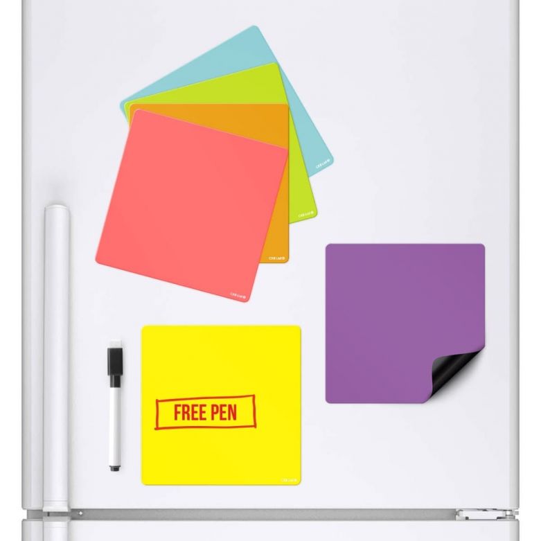 6 Colour Square Magnetic Memo Fridge Boards & Dry Wipe Pen (14.3 X 14.3cm)