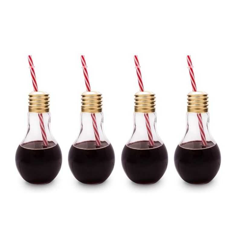 Set of 4 Mixology Edison Light Bulb Glasses with Metal Screw Lid & Straw Filled with Wine
