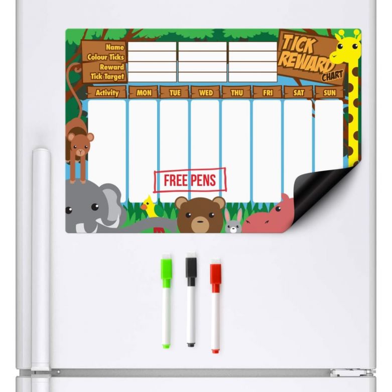 Jungle Animals Reward Chart & Dry Wipe Pens (A3 Magnetic Fridge Board)