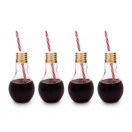 Set of 4 Mixology Edison Light Bulb Glasses with Metal Screw Lid & Straw Filled with Wine
