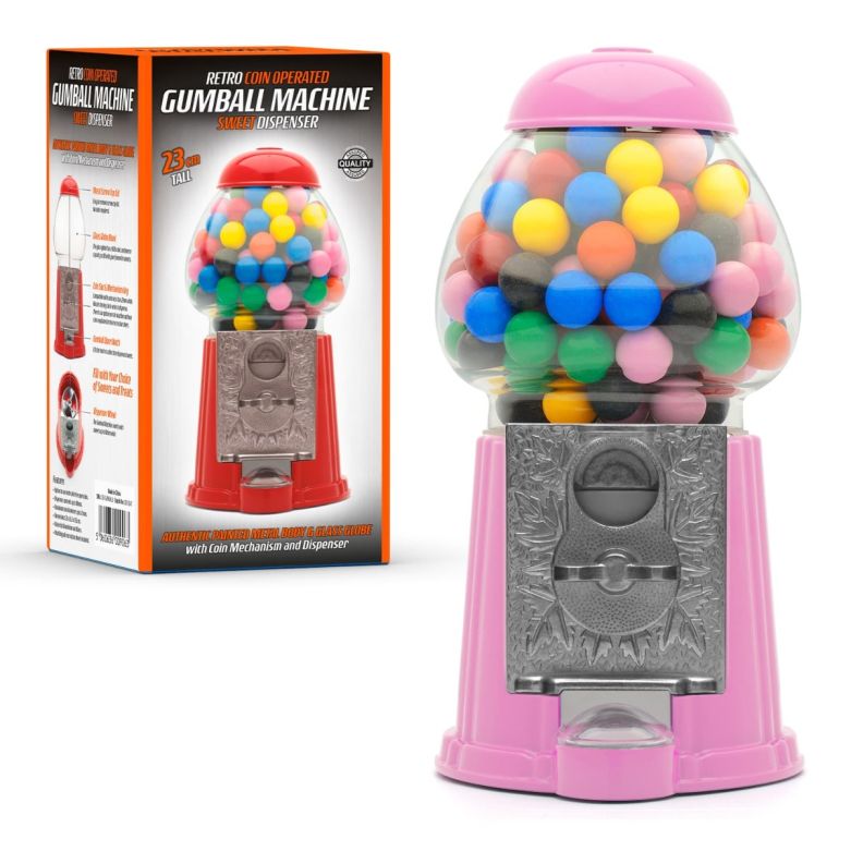 retro pink coin operated gumball machine sweet dispenser