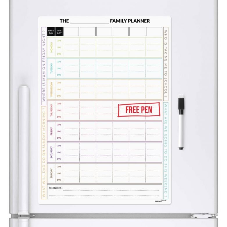 7 Day Family Planner & Dry Wipe Pen (A3 Magnetic Fridge Board)