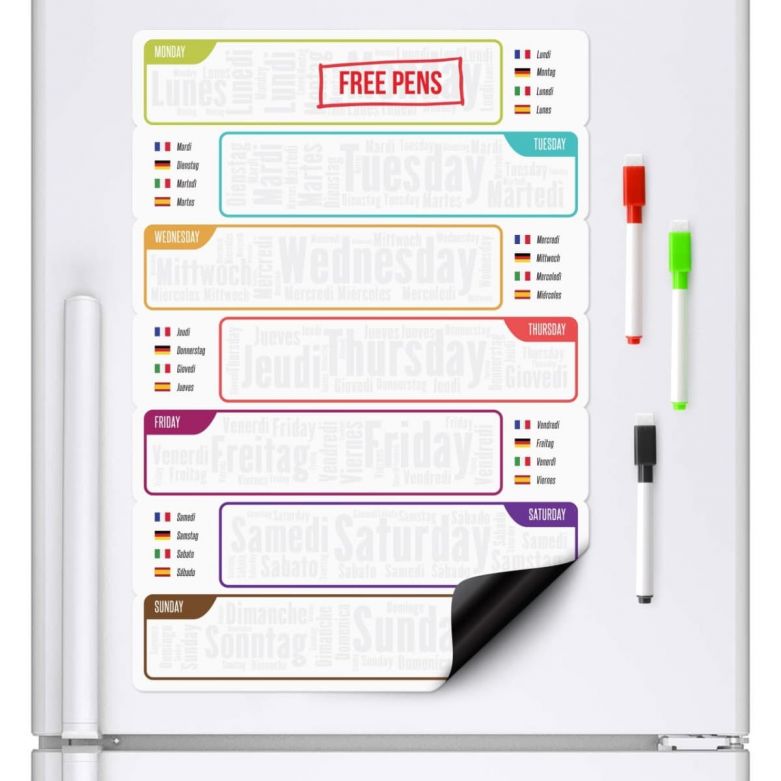 Multilingual 7 Day Planner & Dry Wipe Pens (A3 Magnetic Fridge Board)
