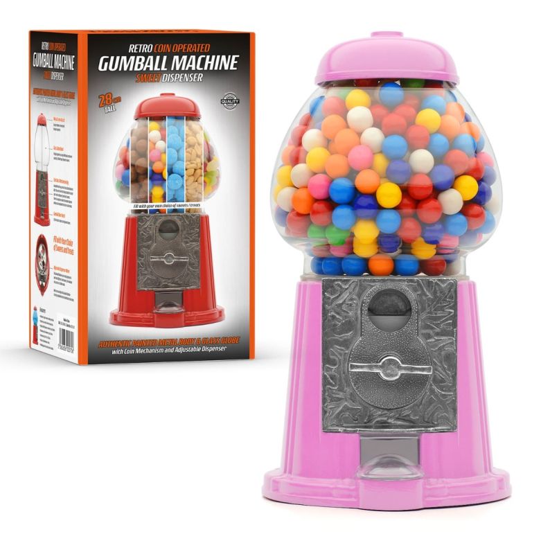 retro pink coin operated gumball machine sweet dispenser