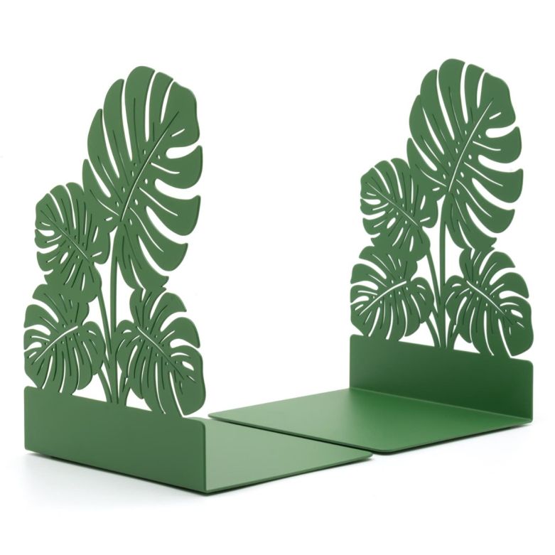 Set of 2 Metal Bookends - Monstera Leaf, Green