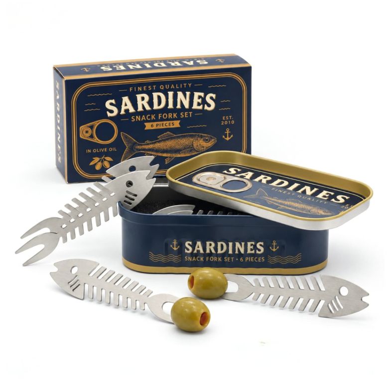 Metal Sardine Snacking Fork Set in Realistic Fish Tin (Set of 6)