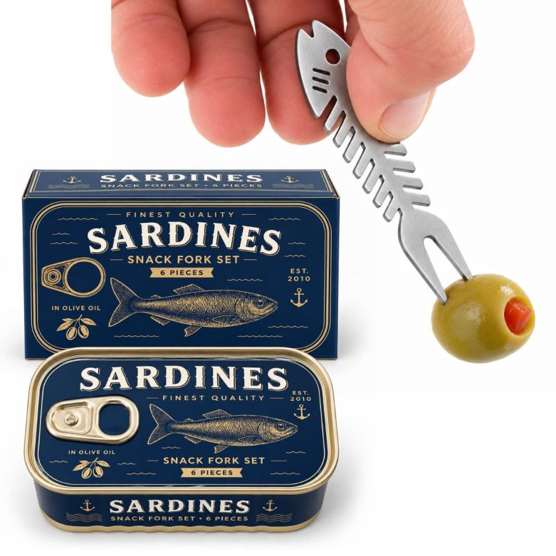 Metal Sardine Snacking Fork Set in Realistic Fish Tin (Set of 6)