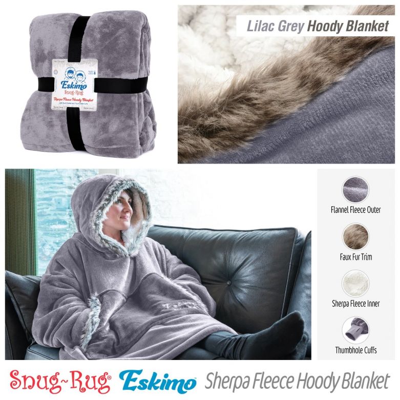Lilac Grey Snug-Rug Eskimo Hoody Blanket