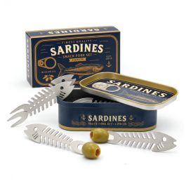 Metal Sardine Snacking Fork Set in Realistic Fish Tin (Set of 6)